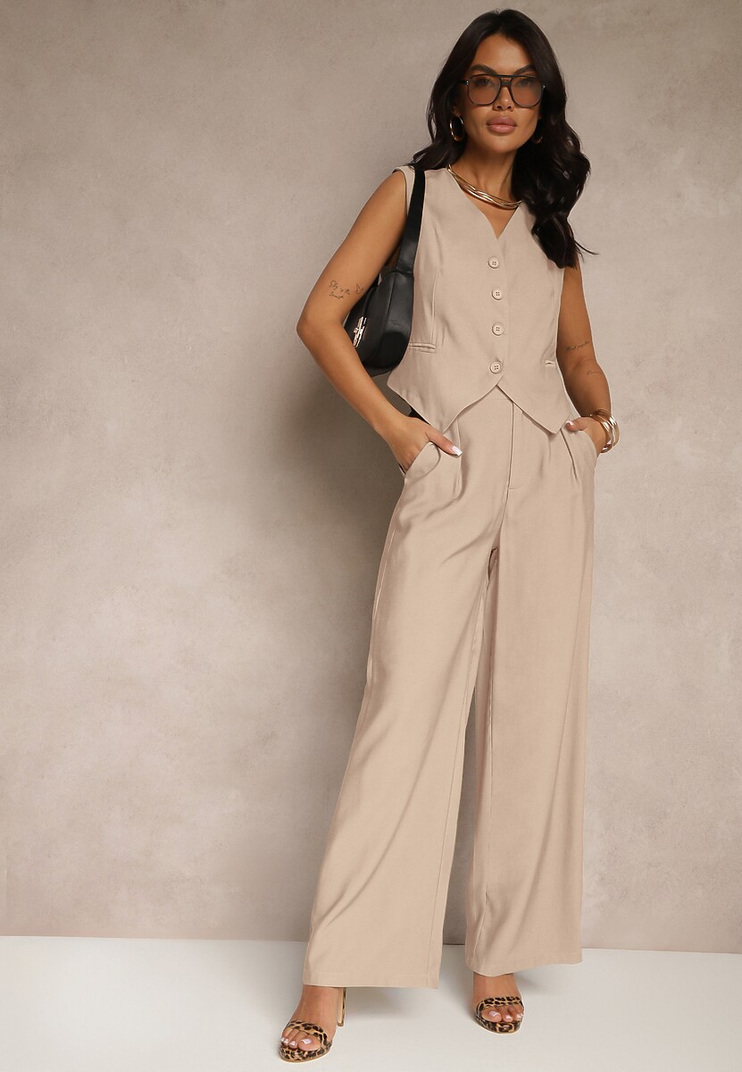 Beżowy Wiskozowy Komplet o Garniturowym Kroju Kamizelka i Spodnie Soreya