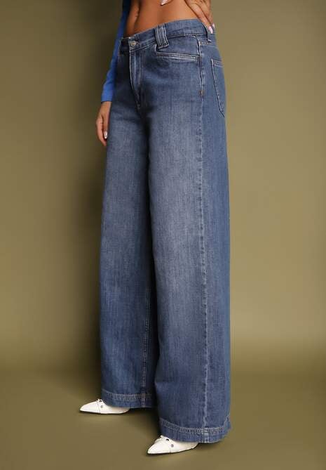 Niebieskie Jeansy z Bawełny o Szerokim Kroju High Waist Reanielis