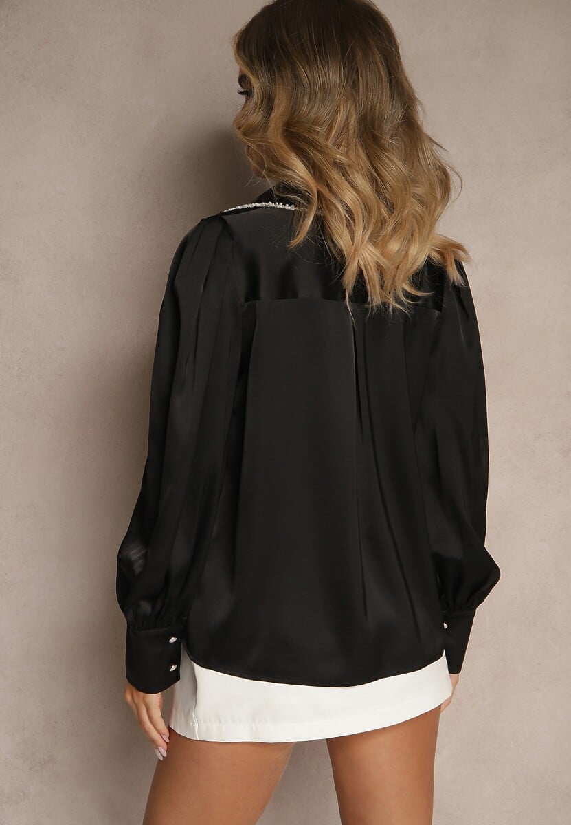 Czarna Koszula z Długimi Bufiastymi Rękawami i Koralikami Zapinana na Guziki Quileth