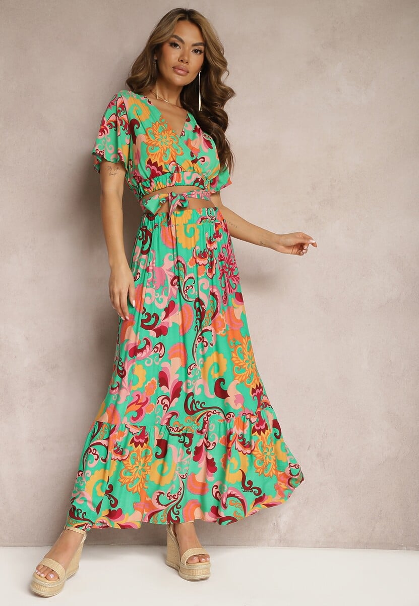 Biało-Niebieski Wiskozowy Komplet Bluzka z Krótkim Rękawem Spódnica z Gumką i Falbankami Einesta