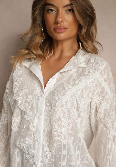 Biała Koronkowa Koszula z Błyszczącą Nitką i Siateczką Navies