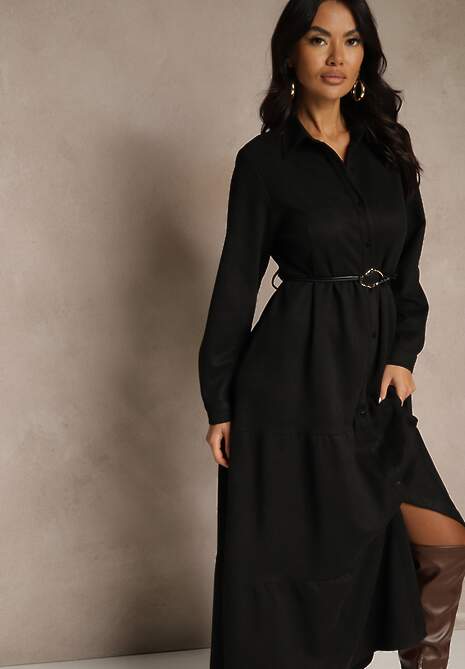 Czarna Sukienka Koszulowa z Wiskozy Ozdobiona Paskiem Retelsa