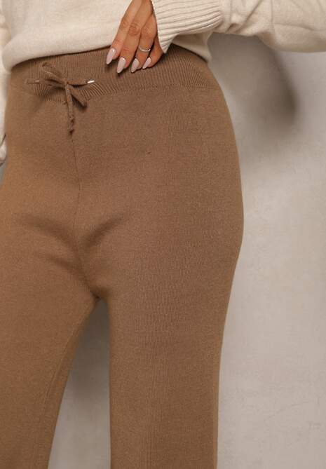 Jasnobrązowe Spodnie o Szerokim Kroju High Waist z Cyrkoniami i Gumką w Pasie Loreitha