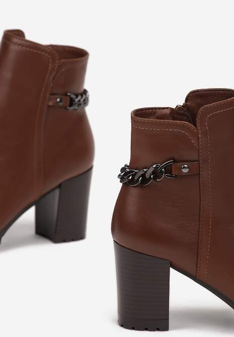 Brązowe Botki za Kostkę na Słupku z Łańcuszkiem Aranthea