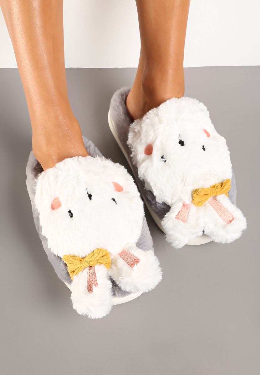 Szare Kapcie na Płaskiej Podeszwie Ozdobione Króliczkiem 3D Temiena