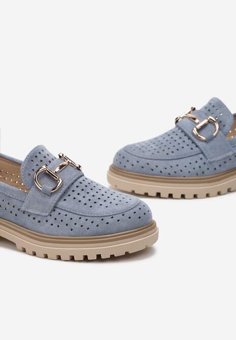 Niebieskie Ażurowe Mokasyny z Ekozamszu z Ozdobną Klamrą Vleggia