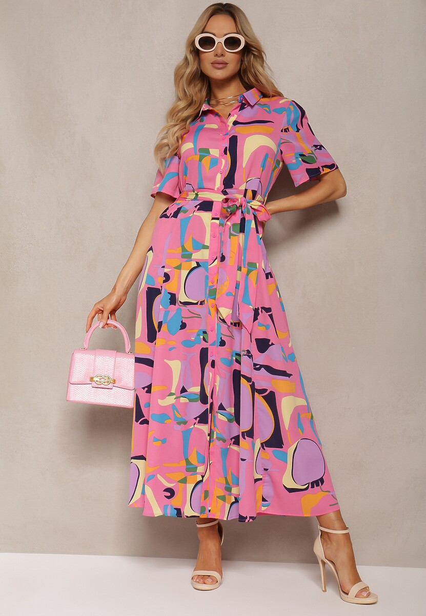 Różowa Koszulowa Sukienka w Abstrakcyjny Print z Materiałowym Paskiem w Talii Archbia