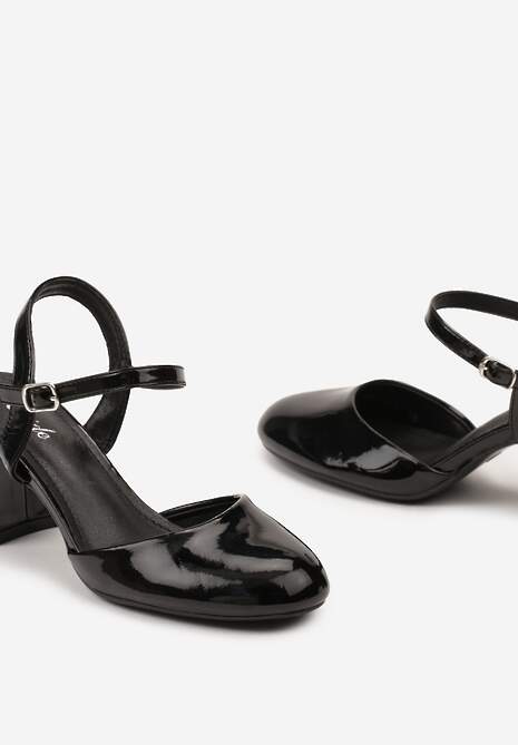 Czarne Czółenka Lakierowane na Sprzączkę z Kwadratowym Słupkiem Orieltia