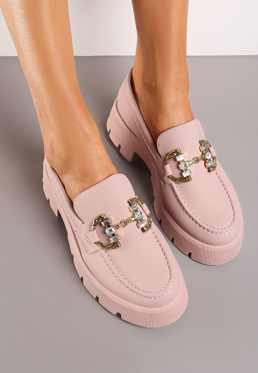 Różowe Mokasyny z Grubą Podeszwą w Kolorze Cholewki z Klamrą Rosarose