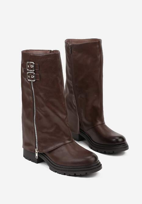 Brązowe Botki z Wywiniętą Cholewką Zdobioną Suwakiem i Sprzączkami Eevea