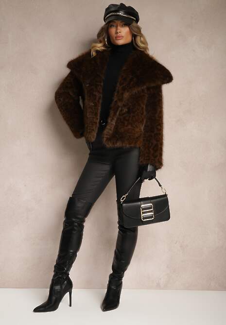 Brązowa Panterkowa Kurtka Futerko z Wsuwanymi Kieszeniami Neliven