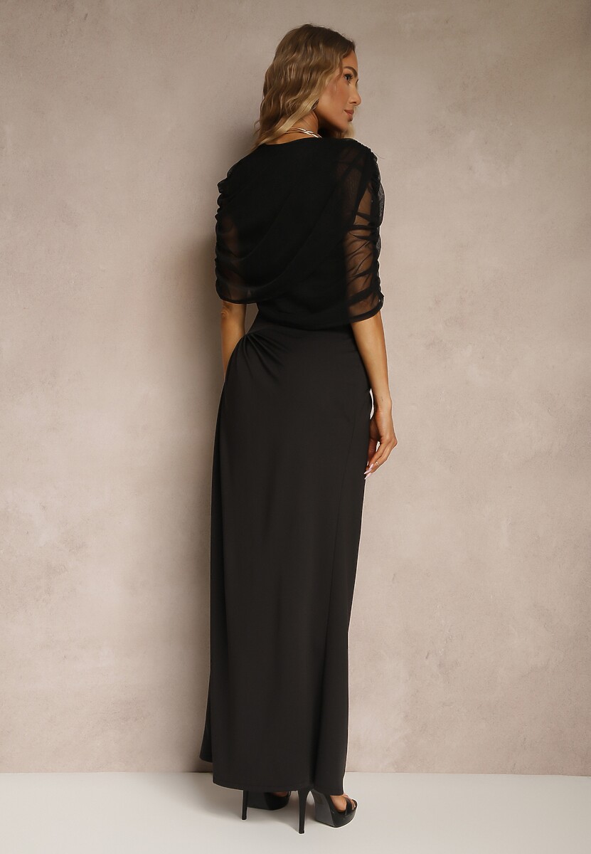 Czarna Marszczona Sukienka o Taliowanym Kroju z Dodatkową Narzutką z Siateczki Milarielis