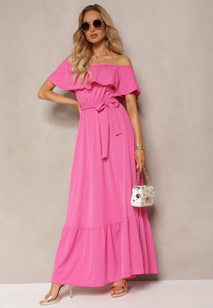 Różowa Hiszapanka Sukienka o Rozkloszowanym Fasonie z Falbanką Naviara
