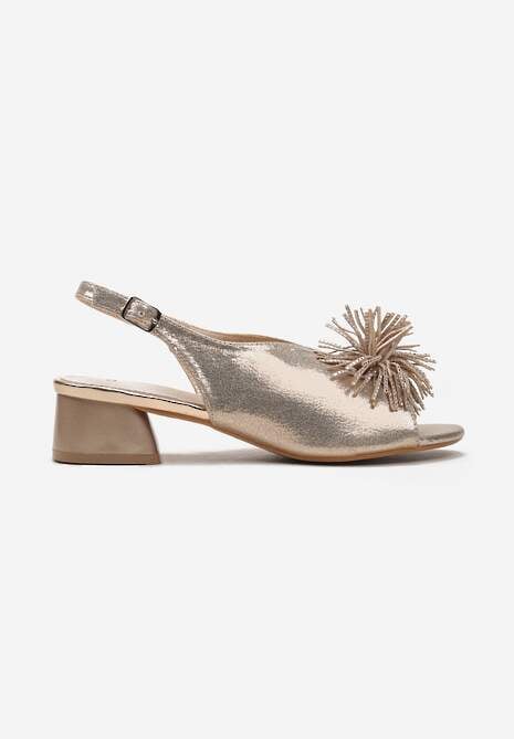 Szampańskie Sandały Vices na Słupku ze Skórzaną Wkładką z Pomponem i Cyrkoniami Tiraga