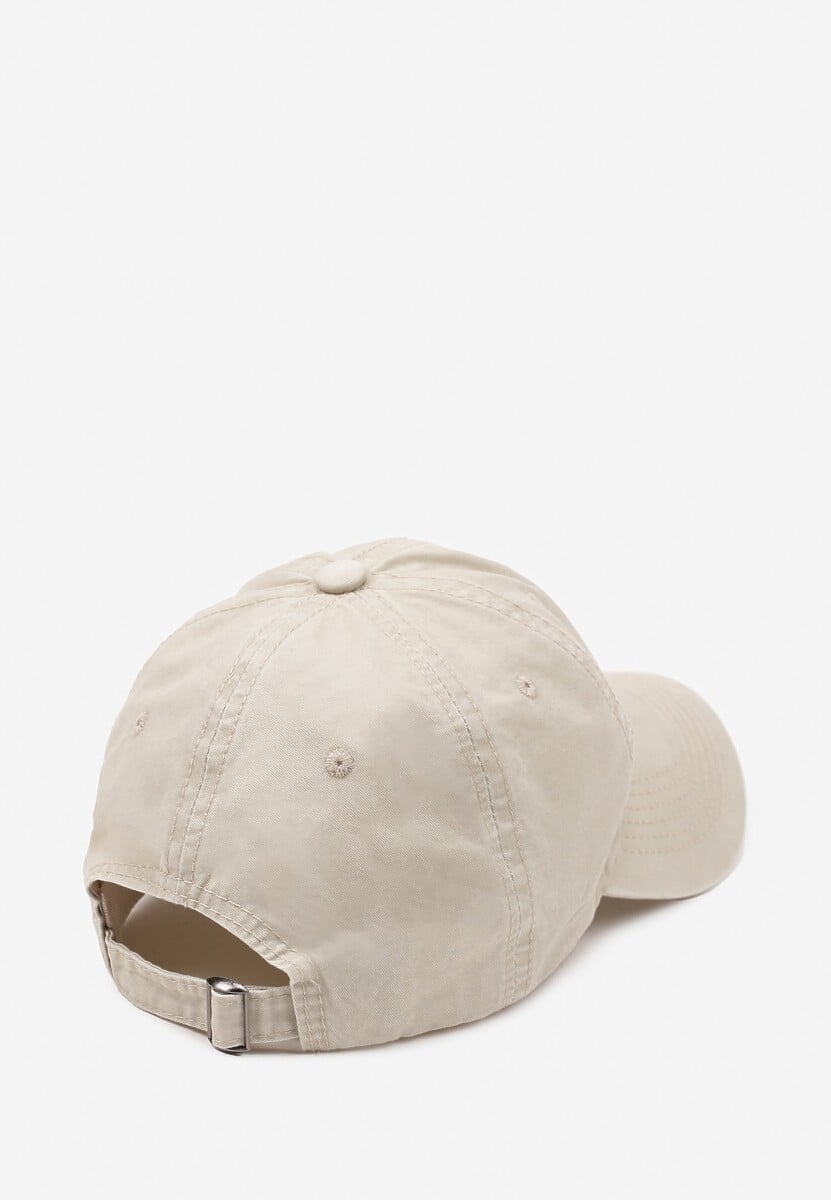 Jasnobeżowa Czapka z Daszkiem w Bawełny Zdobiona Napisem w Stylu Haftu Reioni