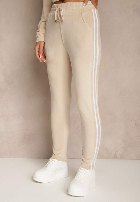 Beżowy 2-Częściowy Komplet Dresowy z Weluru z Ozdobnymi Lampasami Bluza i Spodnie Anelpe