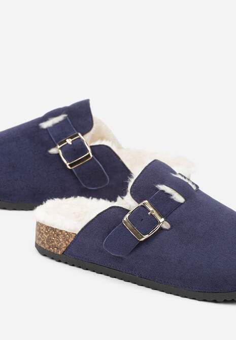 Granatowe Kapcie na Płaskiej Podeszwie Ozdobione  Paskiem z Klamrą Ninnithra
