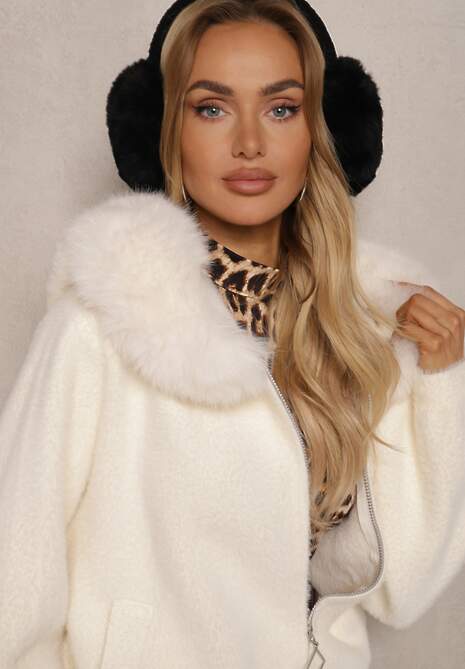 Jasnobeżowa Bluza Rozpinana z Wełną i Wiskozą Ozdobiona Futerkiem Vesalttia