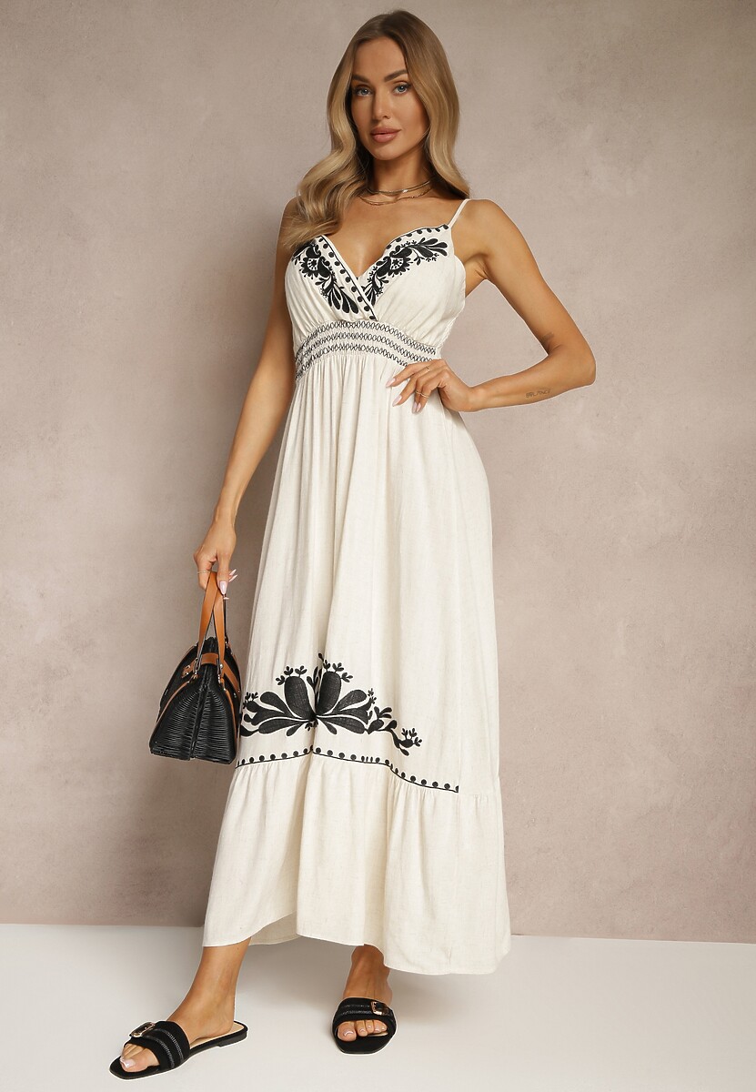 Biała Sukienka z Wiskozą i Lnem z Kopertowym Dekoltem Ozdobiona Haftem Sollio