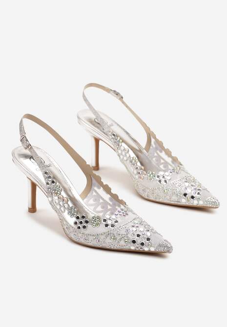 Srebrne Sandały Slingback na Szpilce Zdobione Cyrkoniami Korioliana