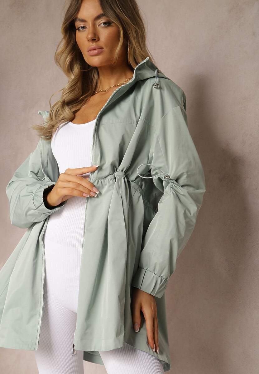 Jasnoniebieska Kurtka Parka Ściagana w Pasie Troczkami z Kapturem Evisanale