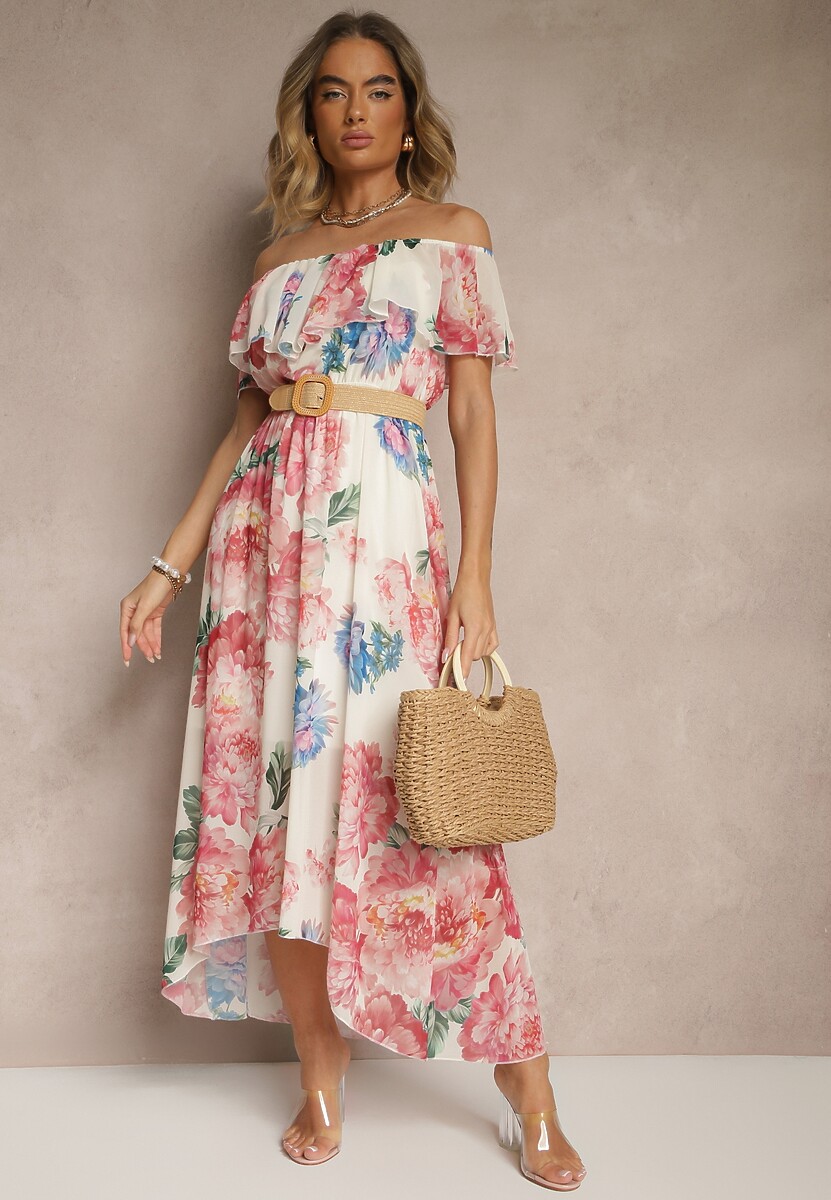 Różowa Sukienka Hiszpanka z Kwiatowym Wzorem i Plecionym Paskiem Sadeene