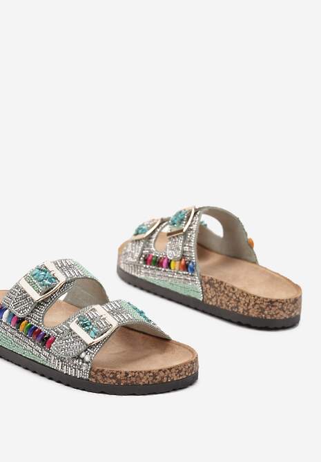 Zielone Klapki na Płaskiej Podeszwie z Regulowanymi Paskami i Cyrkoniami Starissa