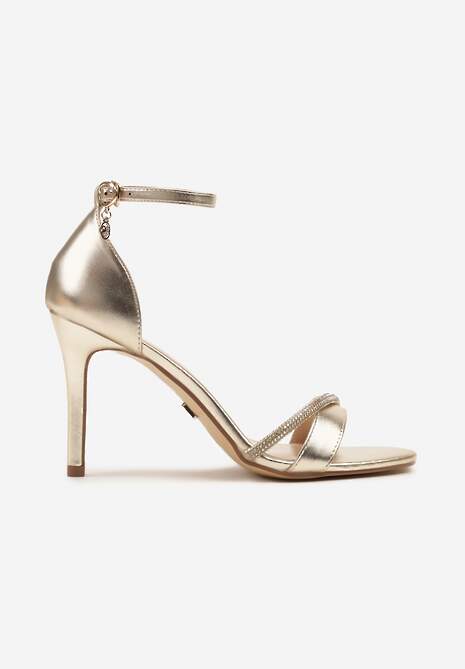 Złote Sandały na Szpilce Vices Ozdobione Paskiem z Cyrkonii Linarunia
