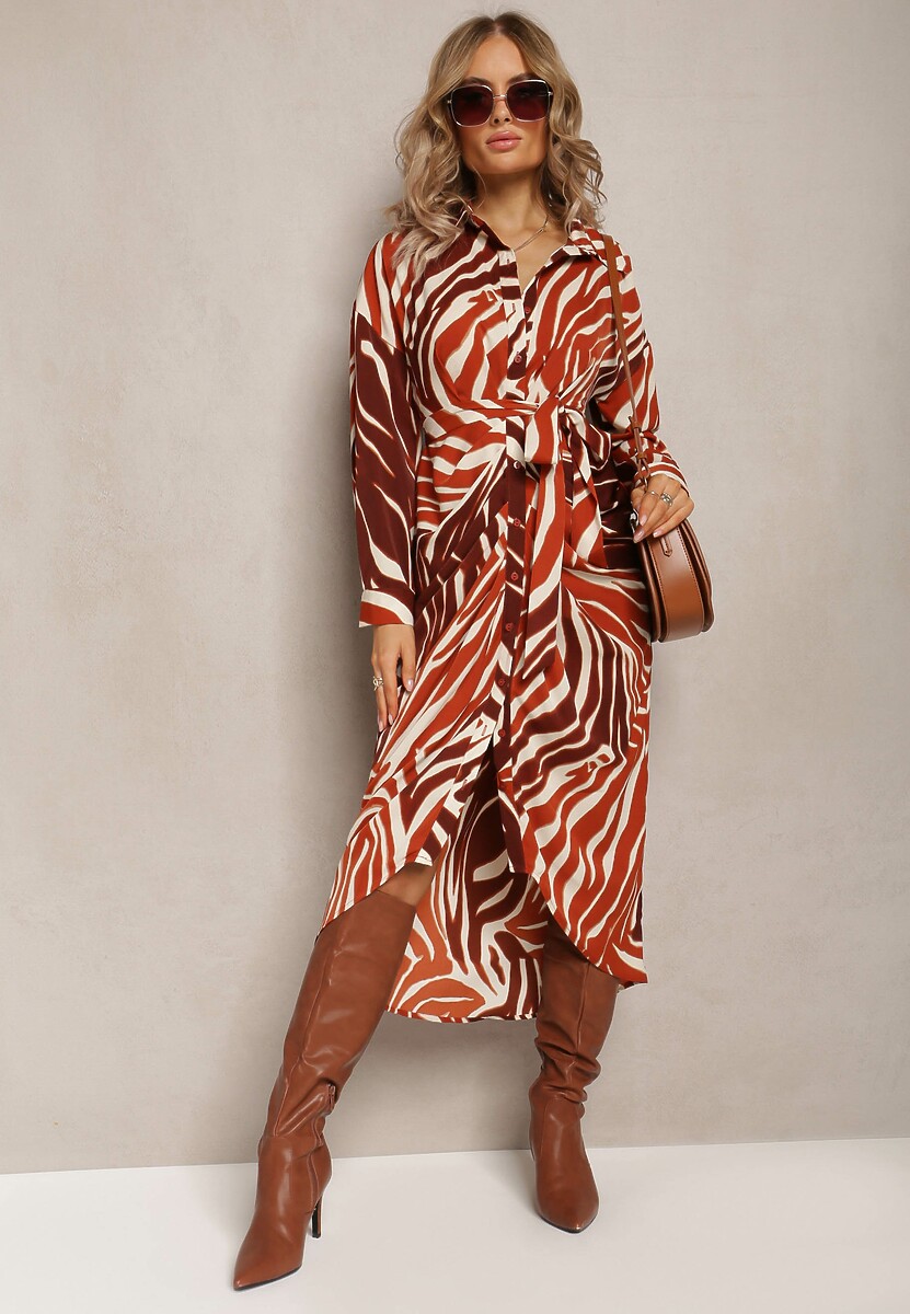 Brązowa Sukienka Koszulowa w Zebrę Maimuna