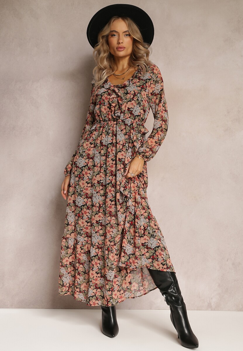 Beżowo-Różowa Sukienka Rozkloszowana w Kwiaty z Gumką w Pasie Bledareta