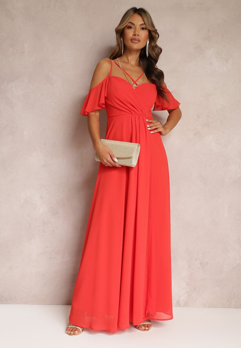 Czerwona Rozkloszowana Sukienka Maxi o Kopertowym Fasonie na Cienkich Ramiączkach Burwena