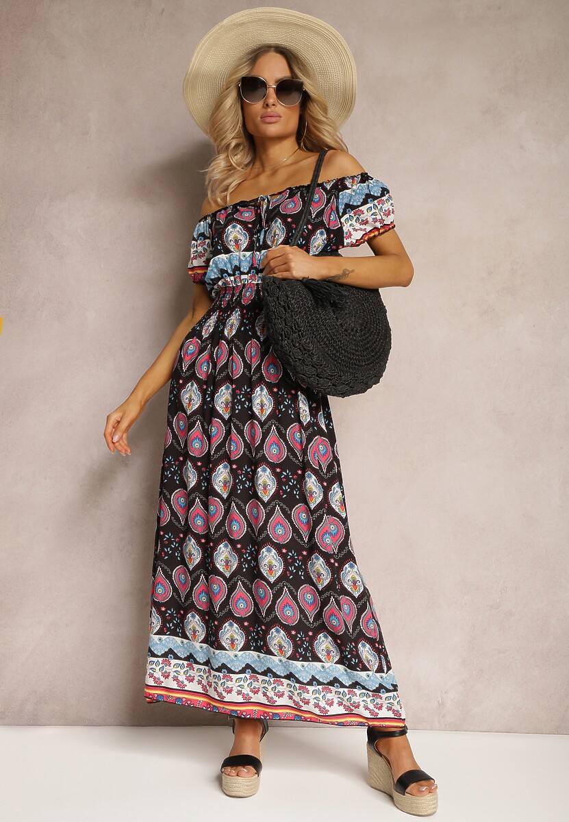 Czarno-Różowa Sukienka na Lato z Bawełny z Modelującą Gumką w Talii Deorna