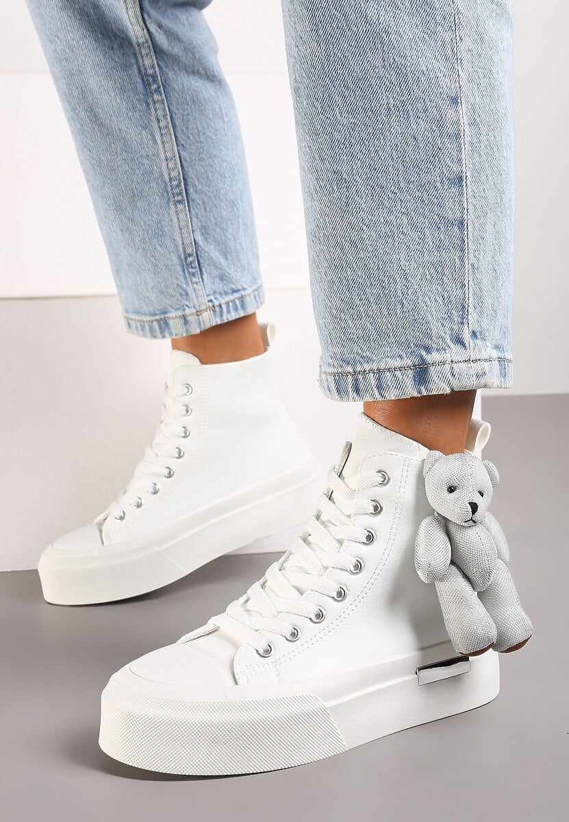 Białe Trampki za Kostkę na Grubej Podeszwie z Aplikacją w Kształcie Misia Ivarina