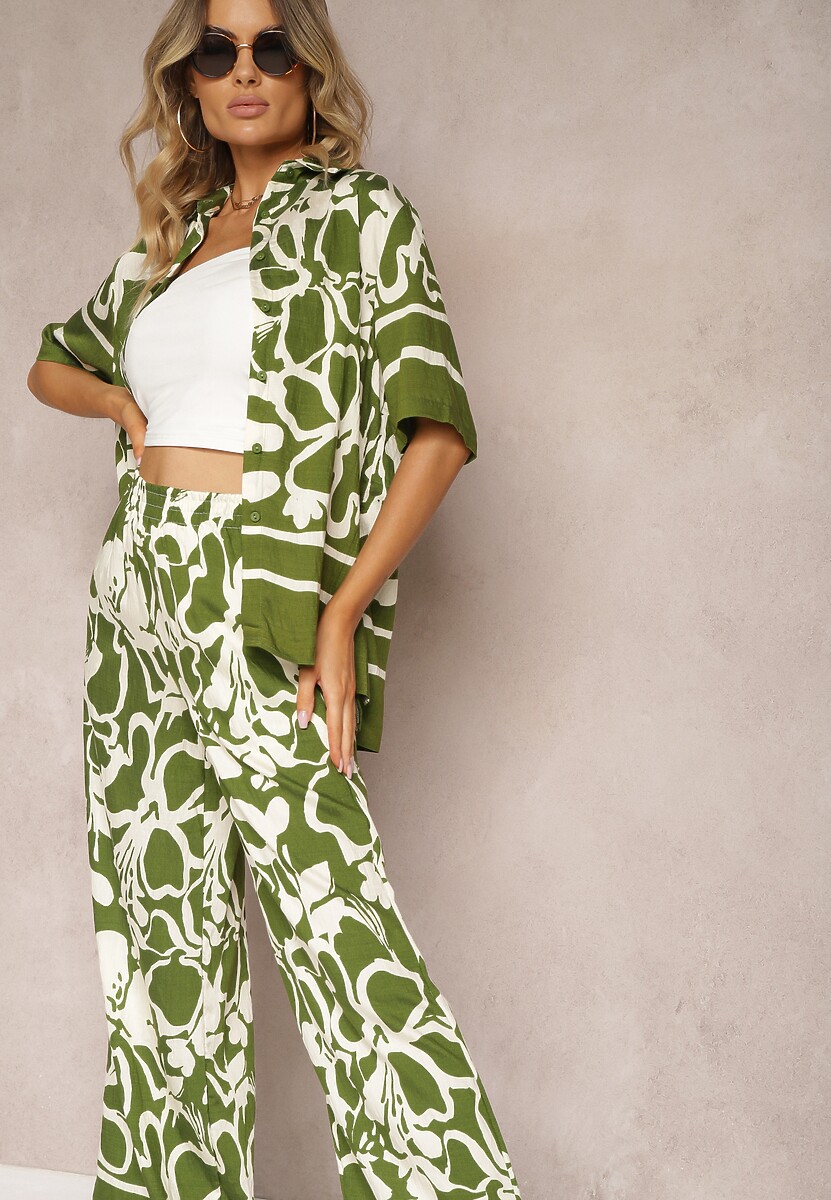 Zielono-Beżowy Letni Komplet Luźna Koszula z Krótkim Rękawem  Szerokie Spodnie z Gumką w Talii Vikiimina