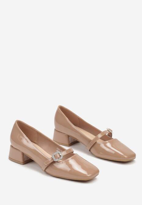 Ciemnobeżowe Czółenka na Słupku z Cyrkoniami Nevsola