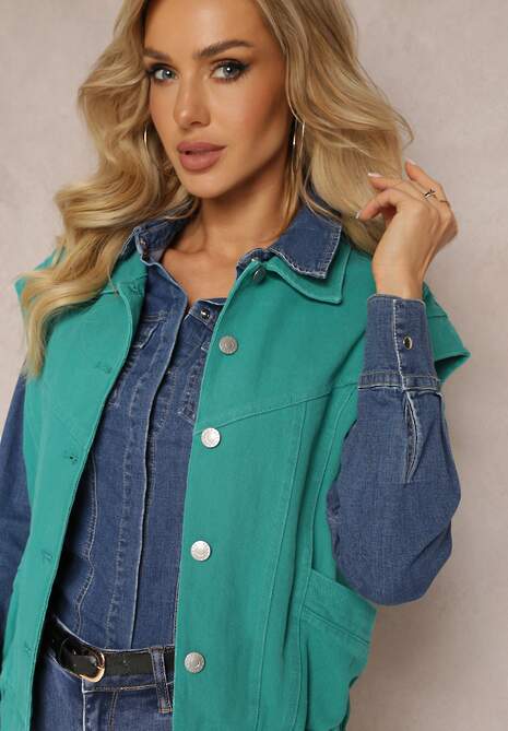 Zielona Jeansowa Kamizelka z Bawełny Zapinana na Guziki z Kieszeniami Yevani