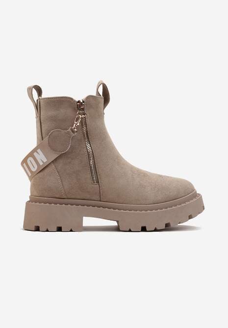 Beżowe Botki z Ozdobną Taśmą z Nadrukiem Dudrey