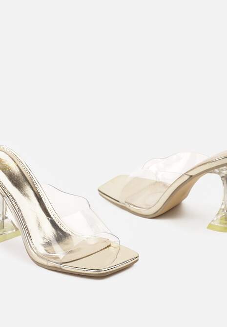 Złote Transparentne Klapki z Wysokim Klepsydrowym Obcasem Mivienne