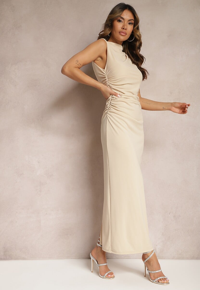 Beżowa Sukienka Bodycon o Dopasowanym Fasonie Bez Rękawów z Drapowaniem Roxelina