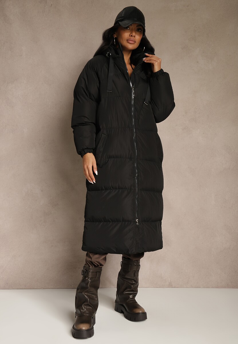 Czarna Długa Kurtka Pikowana z Kapturem Serea