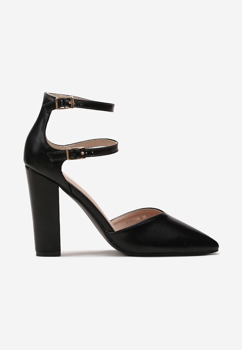 Czarne Czółenka z Ekoskóry ze Szpiczastym Noskiem i Paskami Sivelia