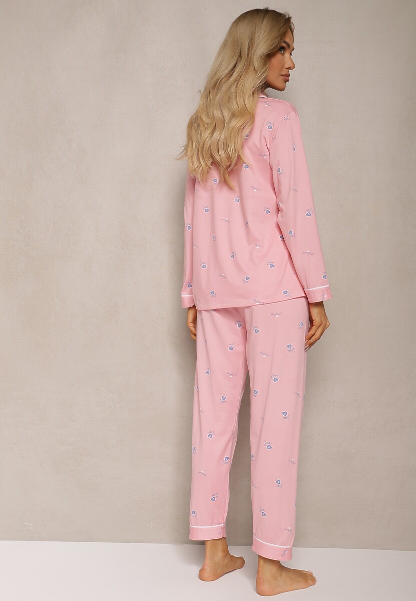 Różowy Komplet Piżamowy z Bawełny Spodnie z Gumką w Pasie Koszula na Guziki z Kieszonką Vaiolae