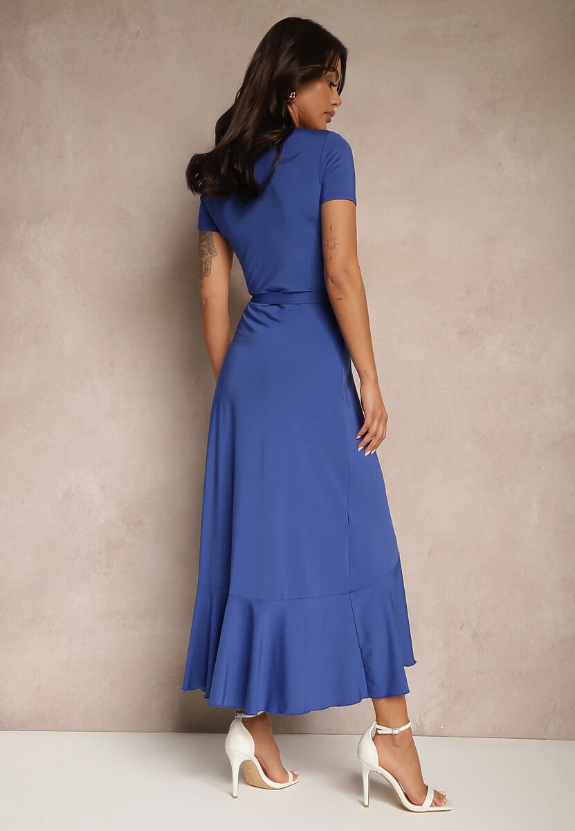 Niebieska Sukienka o Kopertowym Fasonie z Falbankami Zleffia