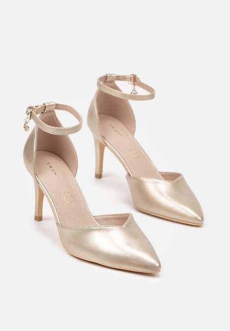 Złote Szpilki Vices z Wkładką ze Skóry Naturalnej i Ozdobnym Paskiem Korori