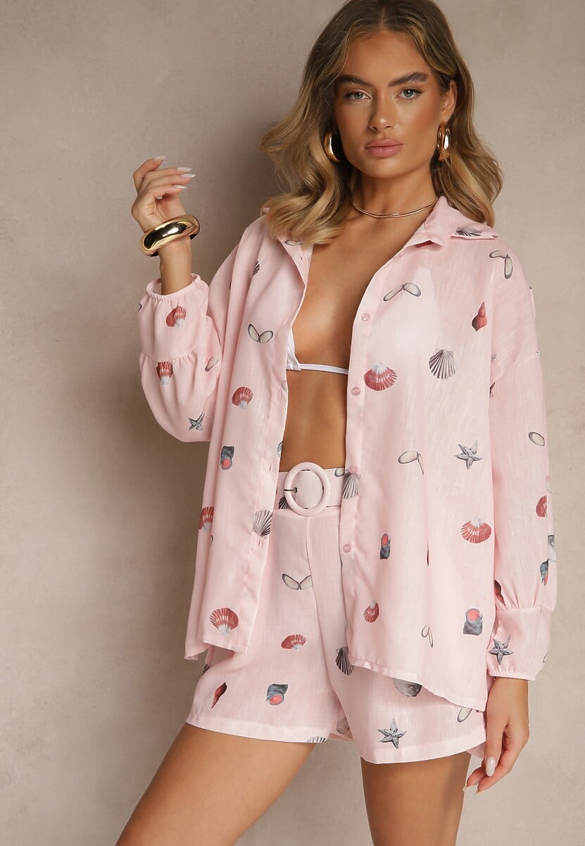 Różowy Komplet z Wiskozą Koszula i Szorty w Morski Print Reisoria