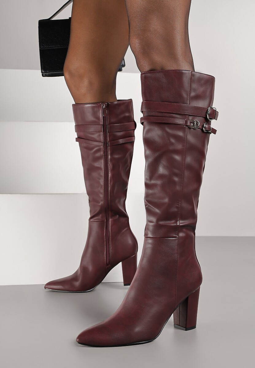 Bordowe Kozaki do Kolan na Słupkowym Obcasie ze Sprzączkami na Paskach Miobela