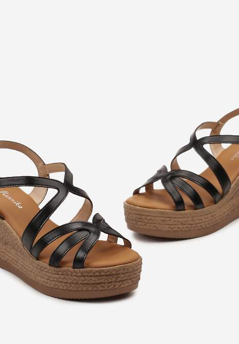 Czarne Sandały na Koturnie z Platformą i Plecionką Ablave