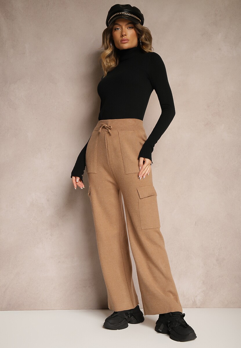 Ciemnobeżowe Szerokie Spodnie Dzianinowe z Gumką w Pasie i Kieszeniami Emithlera