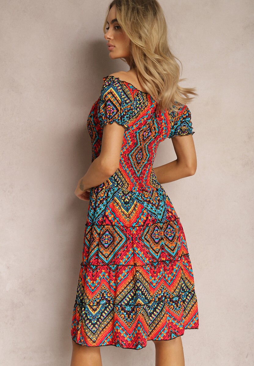 Czerwona Elastyczna Sukienka Boho z Hiszpańskim Dekoltem z Bawełny  Solphina