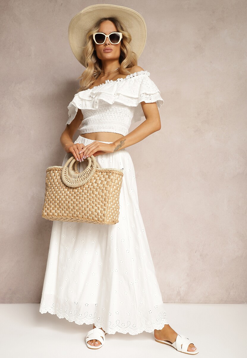 Biała Bawełniana Rozkloszowana Spódnica z Haftem Podszewką i Gumką w Pasie Illonica